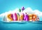 Summer balloon text vector design. Summer 3d text balloons floating in water with beach elements