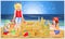 Summer banner, little boys and girls building sandcastles on the beach