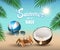 Summer banner for promoting sale, relaxing on the beach sand, coconut, ball, crab, sunglasses, palm tree leaves in the background