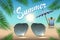 Summer banner for promoting sale, relaxing on the beach, sunglasses, palm tree leaves chaise longue and sunbathing tourist against