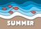 Summer banner template in A4 format, with sea or ocean waves,tropical sand beach, red fish and text