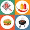 Summer barbecue party. Set of flat icons with grilled sausages, cheeseburger and sauces