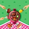 Summer barbecue picnic, vector illustration. Top view BBQ grill with steak and fish and human hands with forks and food