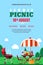 Summer barbecue picnic, vector poster, banner layout. BBQ grill, table with food and wine. Outdoors weekend background.