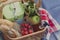 Summer basket for picnic with wine, bread, fruits and snacks