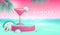 Summer beach background with 3d stage and cosmopolian cocktail .Colorful summer scene.