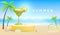 Summer beach background with 3d stage and magrarita cocktail. Colorful summer scene.