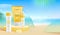 Summer beach background with 3d stage and set of sunscreen creams. Colorful summer scene.