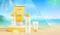 Summer beach background with 3d stage and set of sunscreen creams. Colorful summer scene.