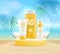 Summer beach background with 3d stage and set of sunscreen creams. Colorful summer scene.