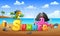 Summer beach background with octopus pirate and parrot