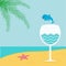 Summer beach background with palm, star, cocktail and dolphin.