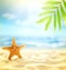 Summer beach background. Sand, palm leaf, starfish, sea and sky. Summer concept