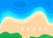 Summer beach and blue sea with wave, view above. Coastline landscape. Seashore, seascape, seaside and sand. Rest on nature. Vector