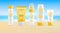 Summer beach blurred background with set of sunscreen creams. Colorful summer scene.