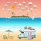 Summer beach camping island landscape with caravan camper