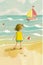 Summer on the beach. Children watercolor illustration.