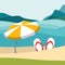 Summer beach with color flip flops and red umbrella. Flat summer design illustration.