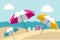 Summer beach with color umbrellas. Flat design