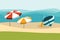 Summer beach with color umbrellas. Flat design.