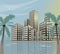 Summer beach concept downtown city with skyscrapers and palm trees.