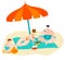 Summer beach with family relax on sand under sun umbrella, father, mother and son on seaside flat vector illustration.