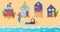 Summer beach with family, vector illustration, flat man woman character travel near sea, vacation at tropical ocean