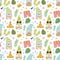 Summer beach gnomes seamless pattern with summer clothes, sunscreen, starfish, leaves