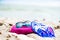 Summer Beach Holiday. Fuschia Towel, Sunglasses, Jelly Sandals l