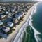 A summer beach with houses and waves.