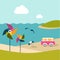 Summer beach island with dolphins, van, umbrella and color pinwheels.