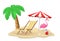 Summer beach island scene with sand and stones. Tropical landscape with palm tree, sun lounger with beach umbrella, flamingo,