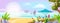 Summer beach landscape, vector ocean exotic background, tree foliage, sea, tropical island, sand, rock.