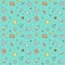 Summer beach multicolored seamless pattern (blue). Summer time. Simple outline design.