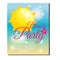 Summer beach party banner with yellow shining sun disco ball. Vector illustration. Design template for invitations, gift voucher,