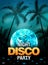 Summer beach party disco poster design with disco ball element. Vector beach party flyer with palm. Music beat template