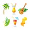 Summer beach party tropical set. Exotic cocktails, palm tree, popsicle, guitar vector illustration