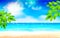 Summer beach Poster with sunshine, blue sea and cloudy sky. Vector