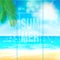 Summer beach Poster with sunshine, blue sea and cloudy sky. Vector