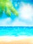 Summer beach Poster with sunshine, blue sea and cloudy sky. Vector