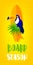 Summer beach poster with toucan, surfboard, palm leaves and text on yellow background. Flat design. Vector