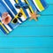 Summer beach scene blue wood deck sunglasses starfish