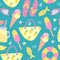 Summer beach seamless pattern in flat style. Beach bag, ice cream, lemonade, flip-flops, sunglasses. Vector illustration