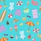 Summer beach seamless pattern with umbrella, cocos and icecream, swimming flamingo, surfboard and holiday elements