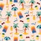 Summer beach seamless vector pattern. Cartoon style repeating background with palm trees, hammocks, sunglasses, cocktail