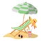 Summer beach with sling chair and parasol. Island vacation landscape. Cartoon vector illustration