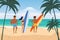 Summer beach surfers characters with surfboards and ball on sea ocean coast, palms sand surf. Beautiful tropical