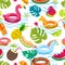 Summer beach or swimming pool seamless pattern. Vector doodle illustration of inflatable kids toys, fruits, cocktails