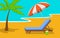 Summer beach time vacation background with umbrella, sun lounge chair and palm tree