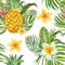 Summer beach tropical print. Watercolor seamless pattern with exotic plants, flowers and fruits. Green palm leaf, pineapple on